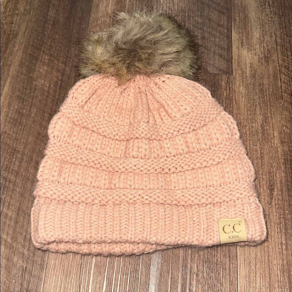C.C Kids Knit‎ Beanie with Faux Fur Pom - pink